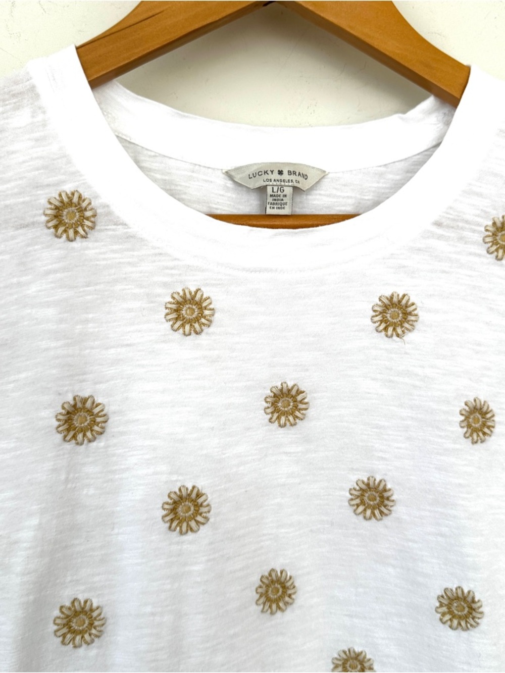 Lucky Brand White Tee with  Daisy Embroidery Accents, Cotton - Picture 3 of 8